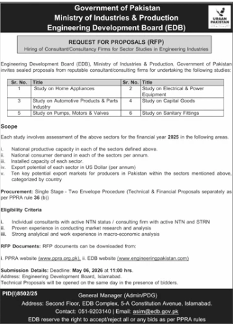 Hiring of Consultants/Consultancy Firms for Sector Studies in Engineering Industries - Engineering Development Board (EDB), Ministry of Industries & Production, Government of Pakistan